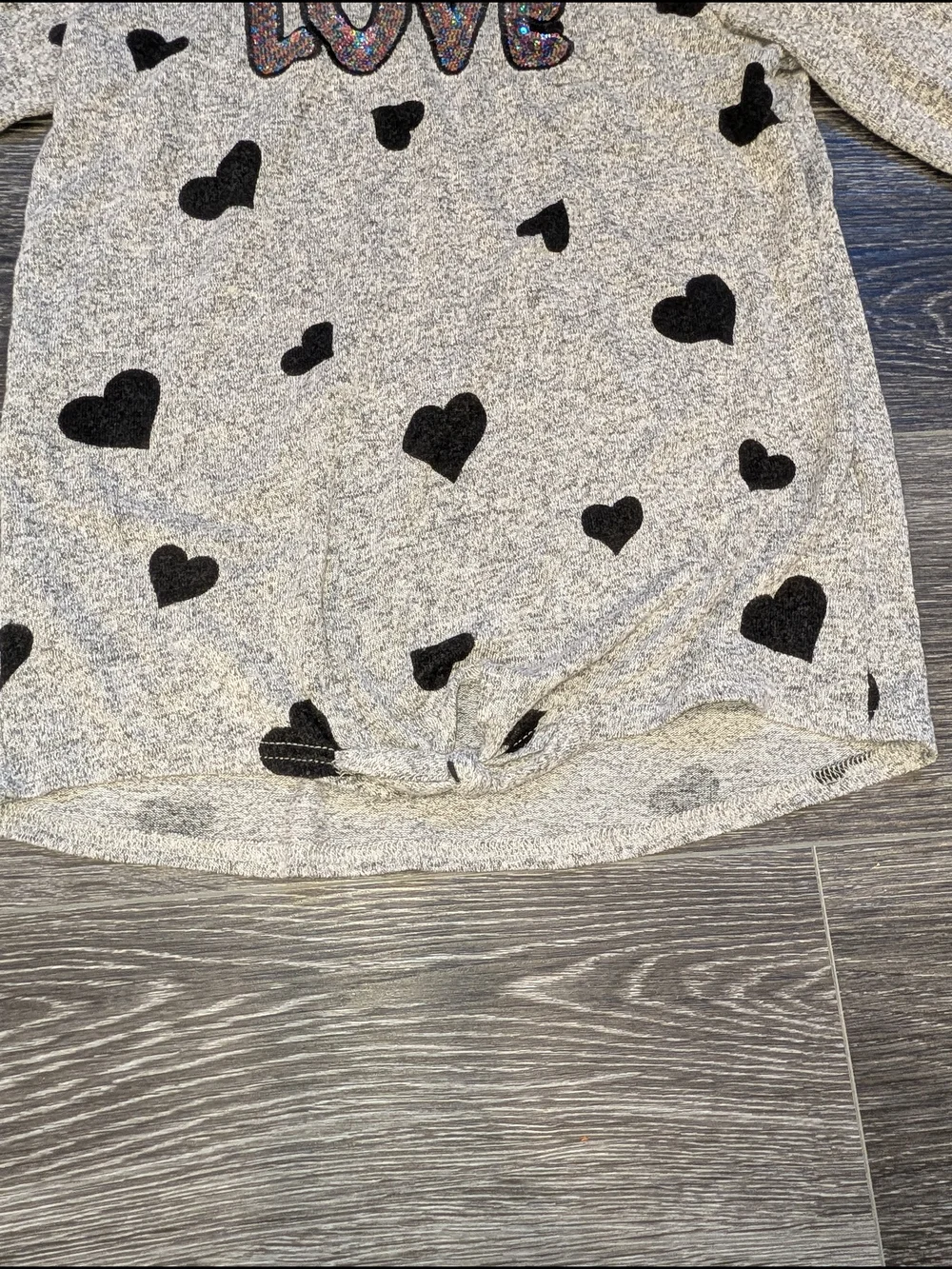 Kids Gray Hoodie Shirt with Black Hearts and Sparkle LOVE